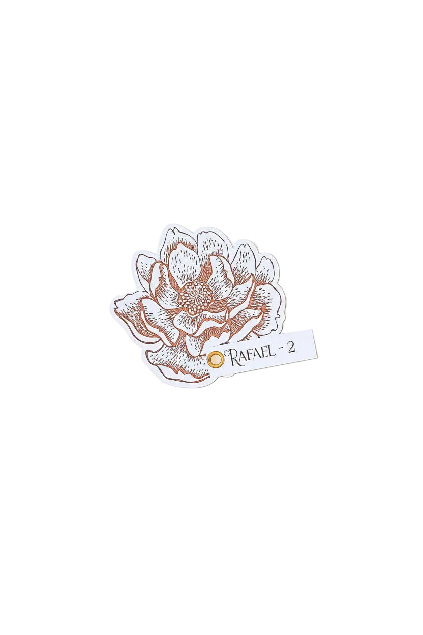 Decorative sticker with a floral design and 'Rafael' branding on a light blue background