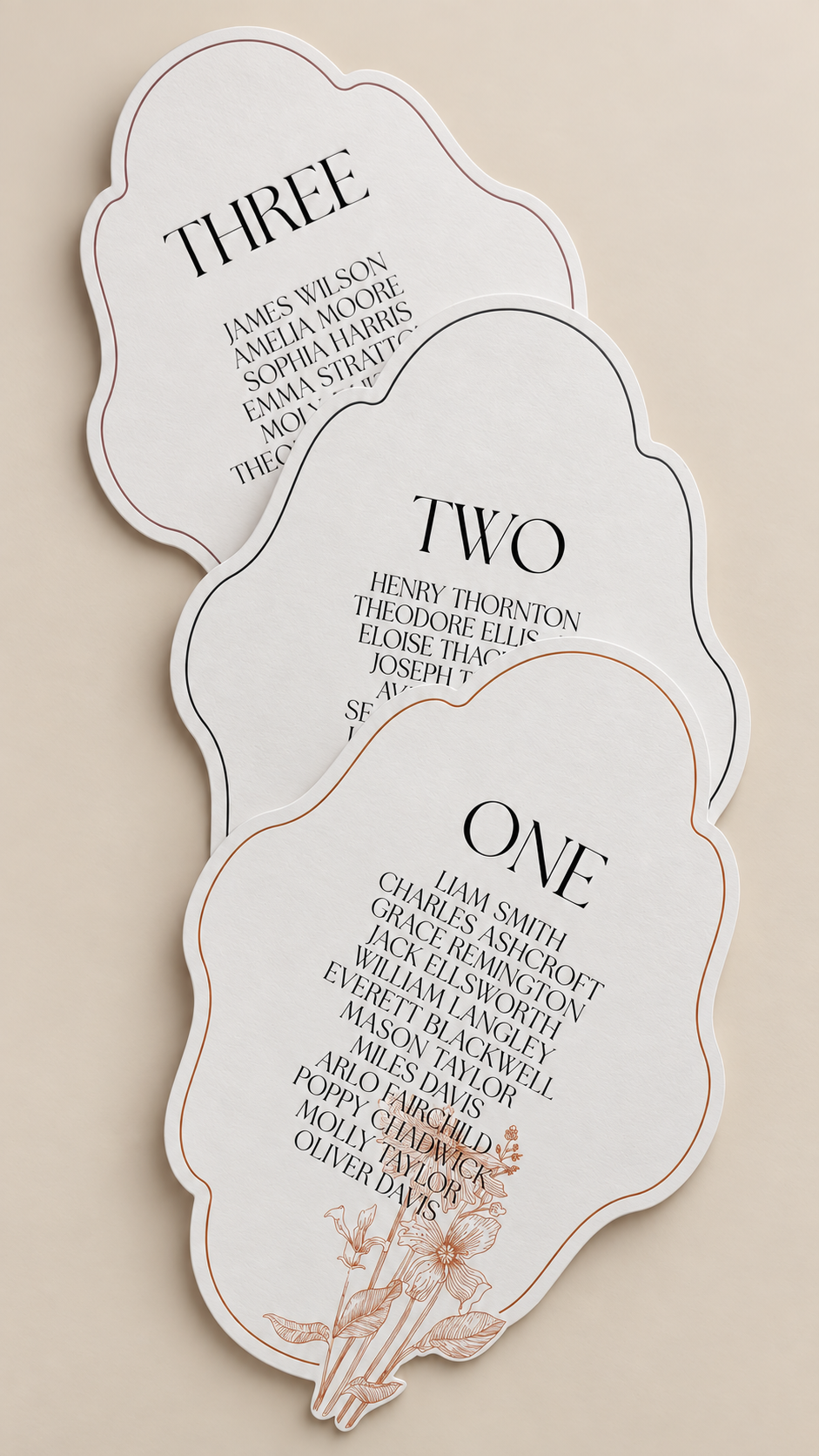 3-Piece Botanical Wedding Seating Plan Sign PNG Templates | Print-and-Cut Table Assignment Sign Set - Arabella Collection