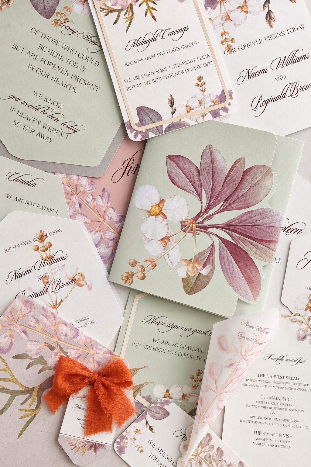 Complete Botanical Wedding Stationery PNG Template Bundle | Print-and-Cut Invitation, Signage, Menu, Place Cards & Wedding Suite - Fatima Collection