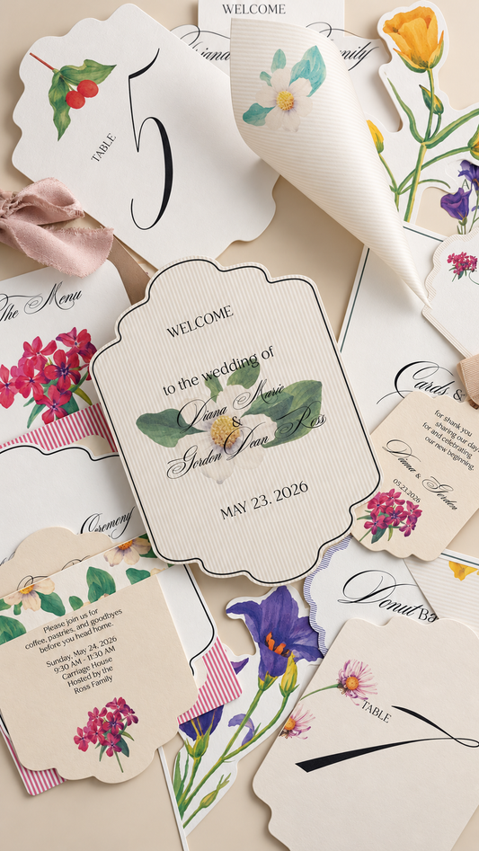 Complete Floral Wedding Stationery PNG Template Bundle | Print Then Cut Invitation, Signage, Menu, Place Cards & More - Jamaica Collection