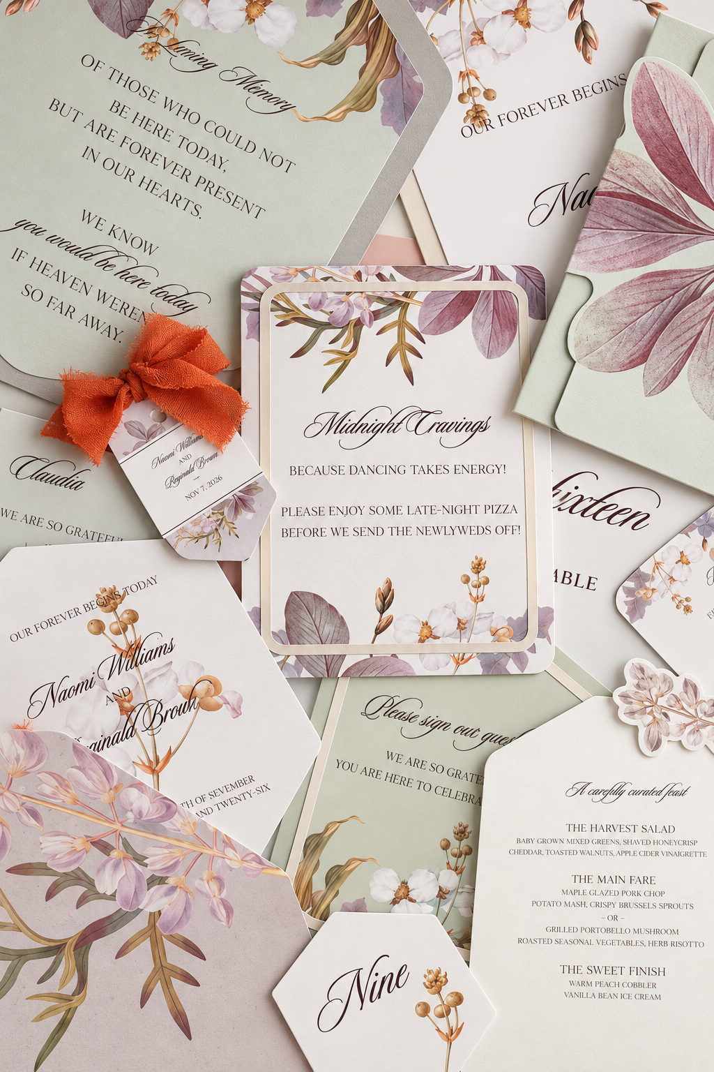 Complete Botanical Wedding Stationery PNG Template Bundle | Print-and-Cut Invitation, Signage, Menu, Place Cards & Wedding Suite - Fatima Collection