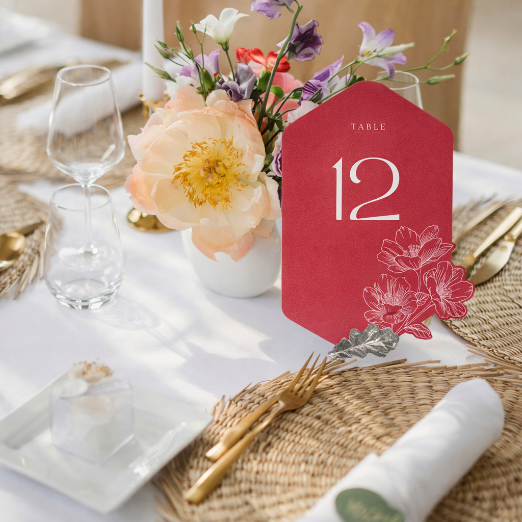 Table setting with a red table number card featuring flowers and the number 12.