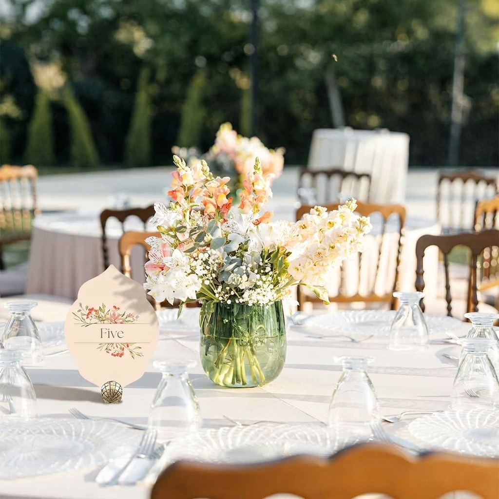 Decorated table with floral centerpieces and a table number sign outdoors.