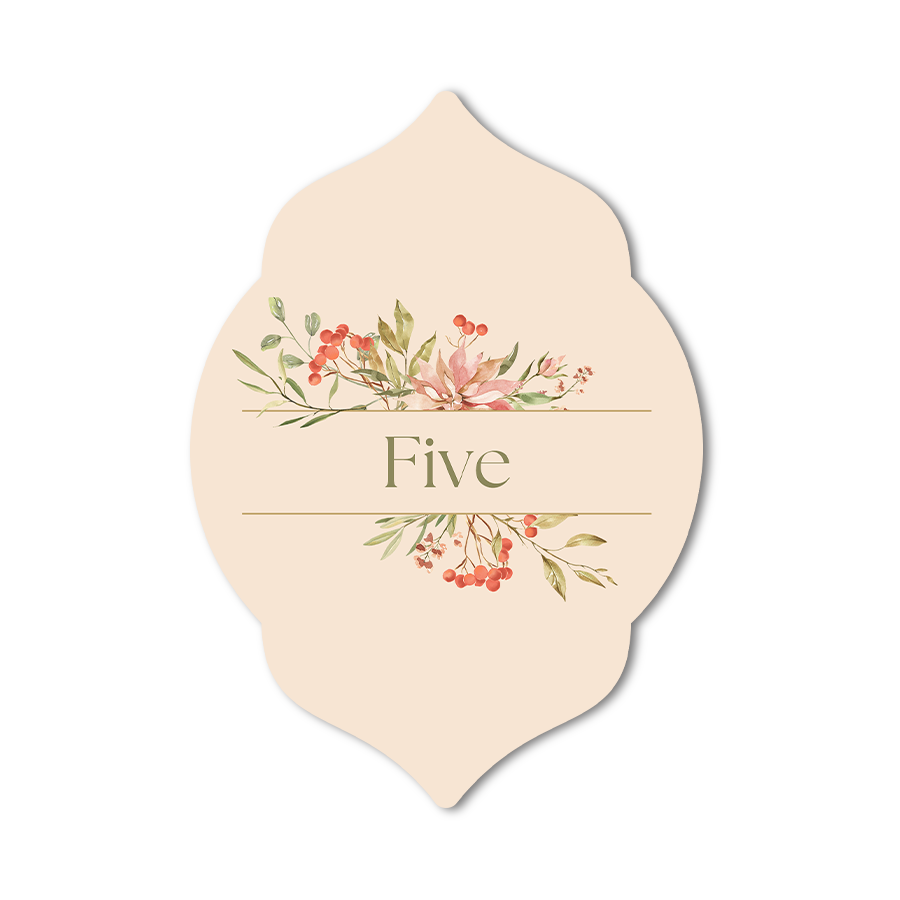 Specialty shape wedding table number card with custom text, font, colors
