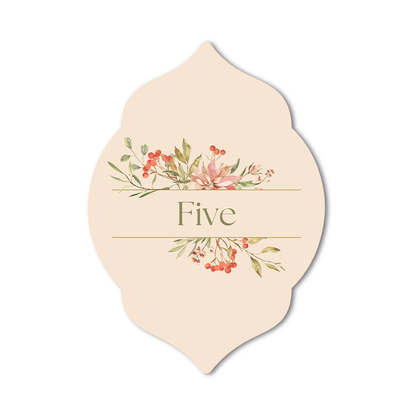 Specialty shape wedding table number card with custom text, font, colors