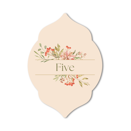 Specialty shape wedding table number card with custom text, font, colors