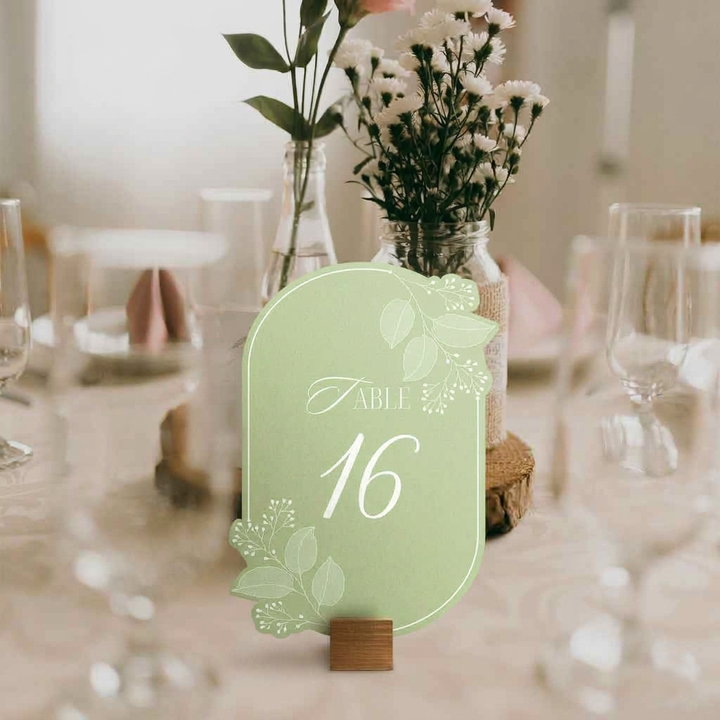 Decorative table number card with flowers on a blurred dining table background