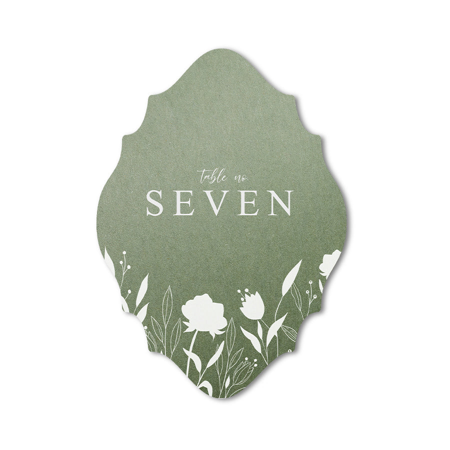 Custom table number with floral patterns and white ink printing.