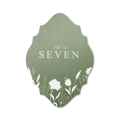 Custom table number with floral patterns and white ink printing.