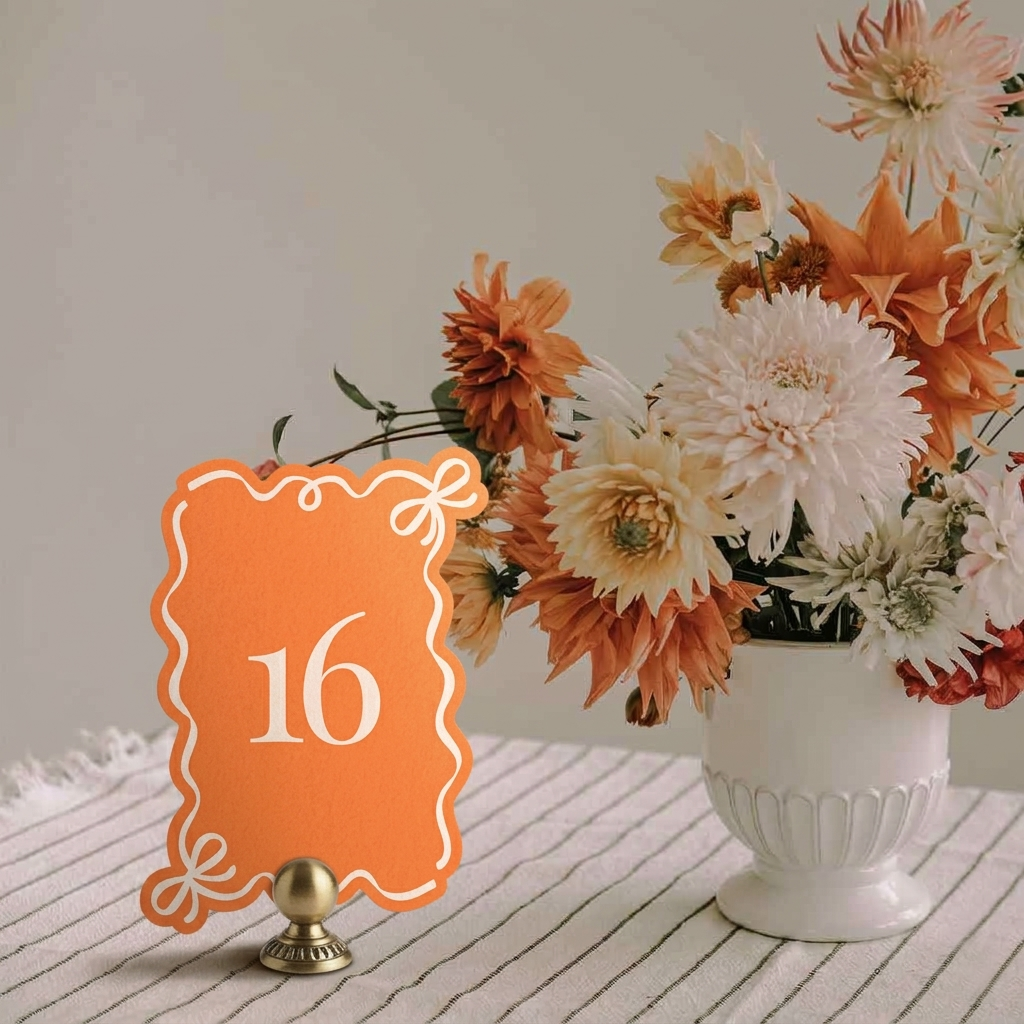 Floral arrangement in a white vase with an orange table number on a wooden surface.