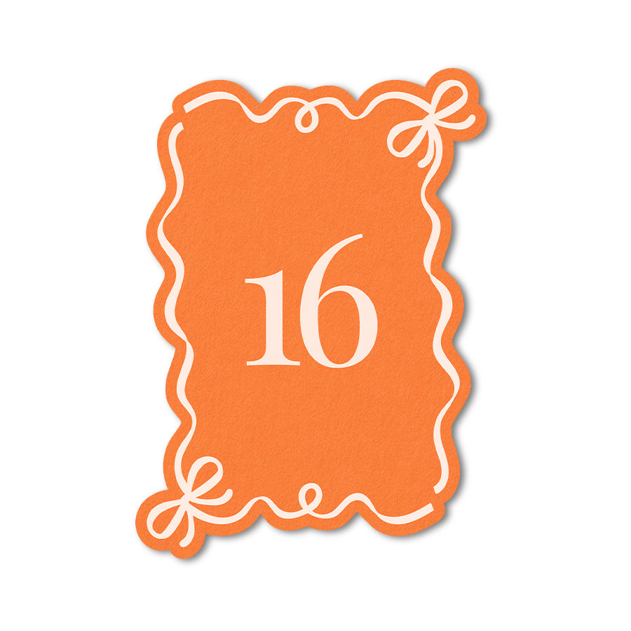Modern table number with white border and white ink print