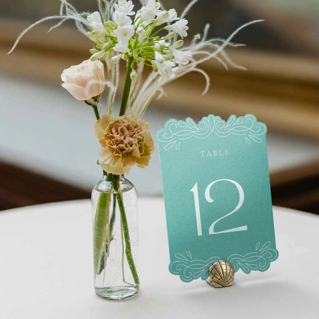 Decorative table number sign with a small vase of flowers on a white surface.