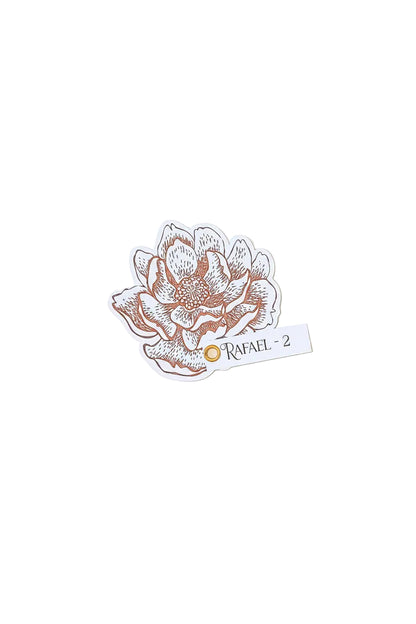 Decorative sticker with a floral design and 'Rafael' branding on a light blue background