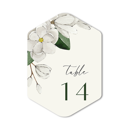 Hexagonal table number card with floral design on a white background