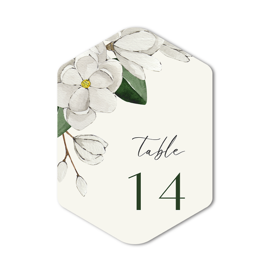 Hexagonal table number card with floral design on a white background