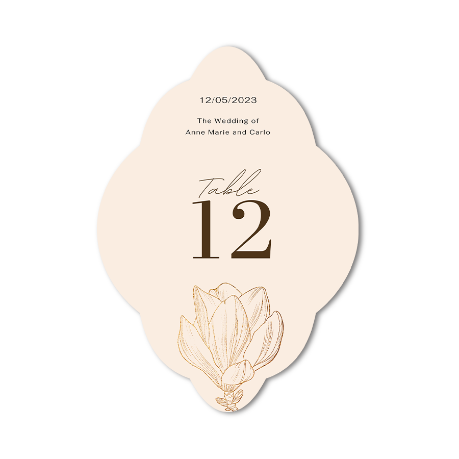 Unique shape wedding table number card with floral design on a white background