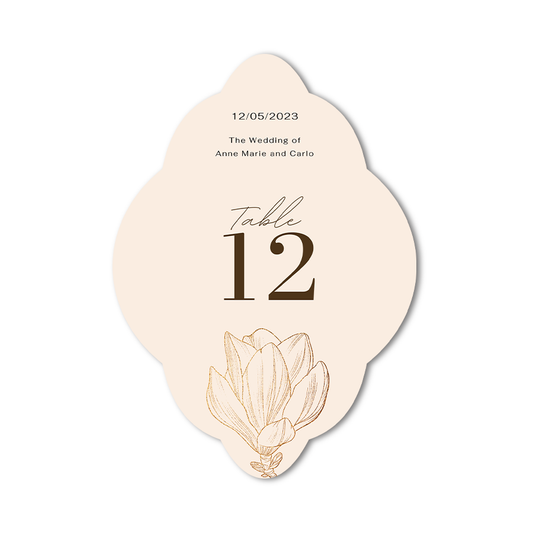 Unique shape wedding table number card with floral design on a white background