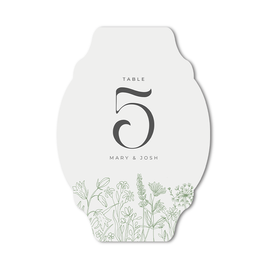 Signature shape table number card with floral design on a white background