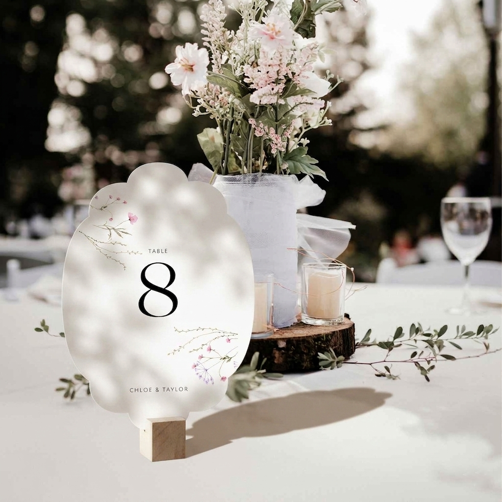 Decorative wedding table number with floral arrangement and candles on a table outdoors.
