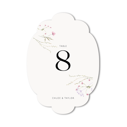 Die-cut floral wedding table number card with custom print