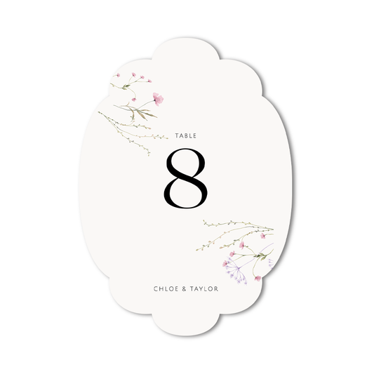 Die-cut floral wedding table number card with custom print