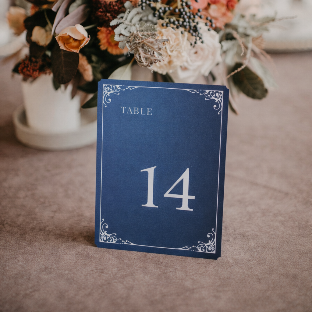 Navy blue table number card with '14' on a textured surface with flowers in the background
