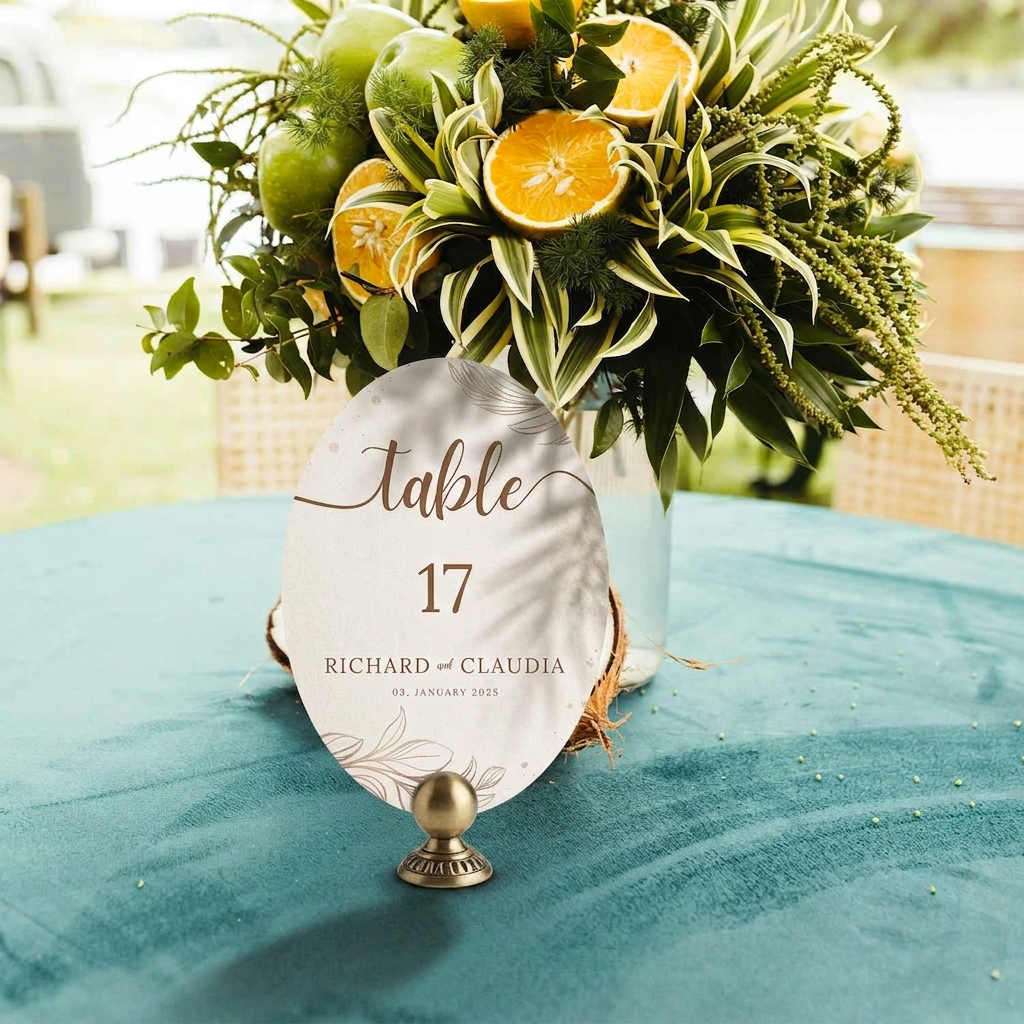 Table number card with decorative vase on a tablecloth with floral arrangement