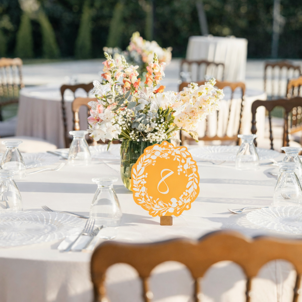 Decorated table with floral centerpiece and table number at an outdoor event.