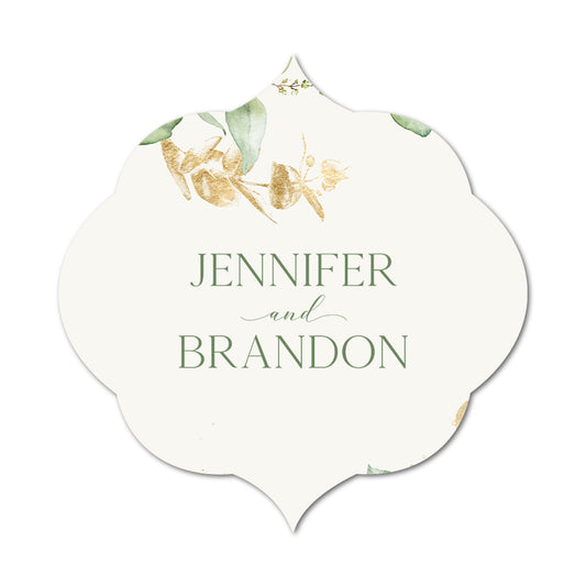 Decorative custom print favor labels unique shape with 'Jennifer and Brandon' and floral design on a white background