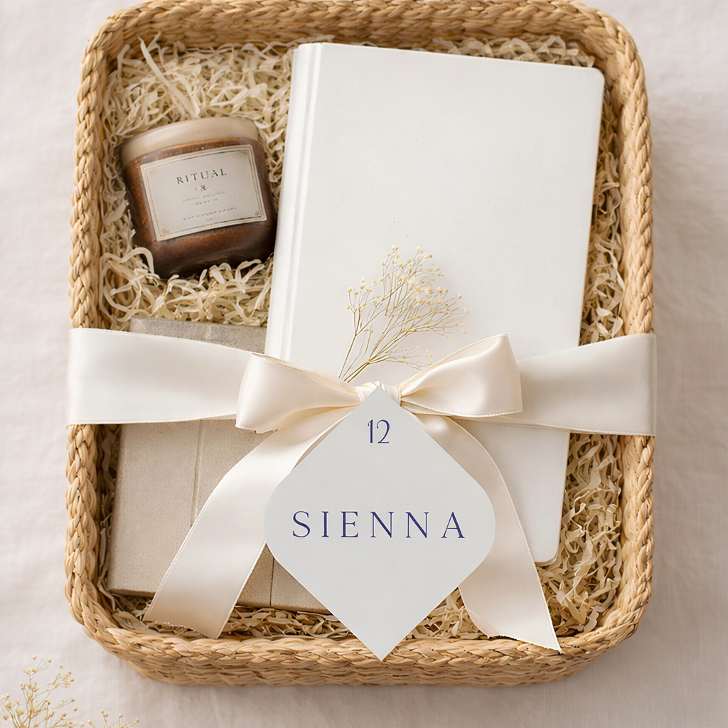 Gift set with a candle, notebook, and decorative bow in a woven basket.