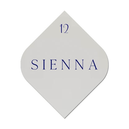 Diamond-shaped card with 'SIENNA' and number '12' printed on it, on a white background.