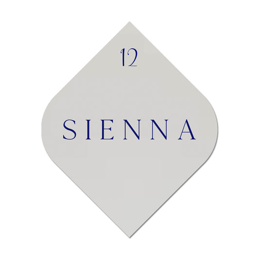 Diamond-shaped card with 'SIENNA' and number '12' printed on it, on a white background.