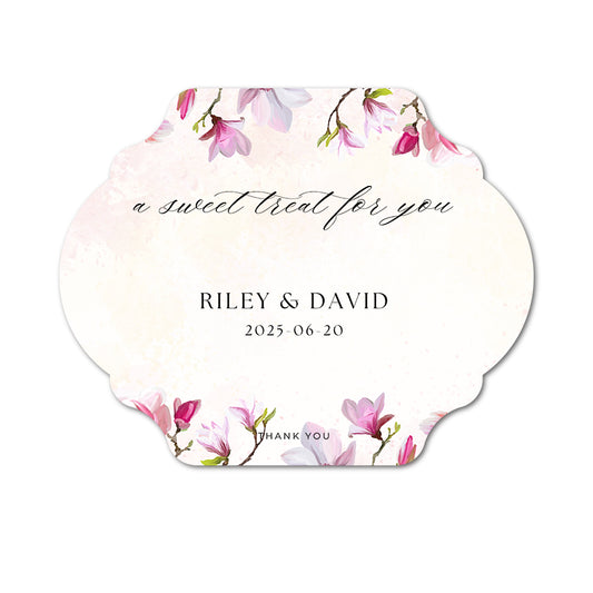 Personalized favor tags with floral design and text 'a sweet treat for you' for Riley & David.