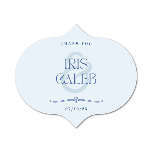 Wedding favors card with 'Thank You Iris & Caleb' text on a white background