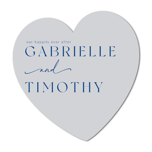 Heart-shaped thank you tags
 with 'our happily ever after' text and names 'Gabrielle' and 'Timothy'.