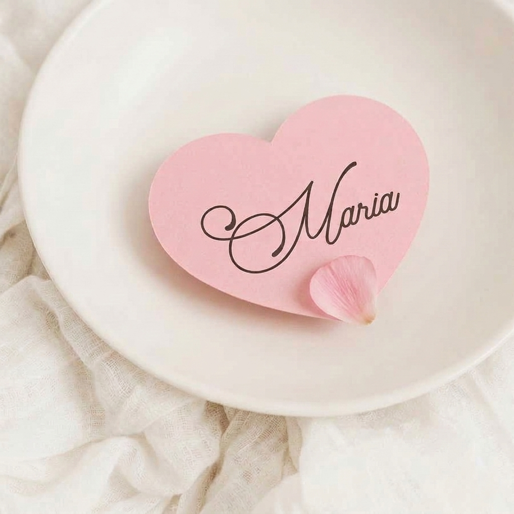 Pink heart-shaped wedding name card with 'Maria' on a white plate