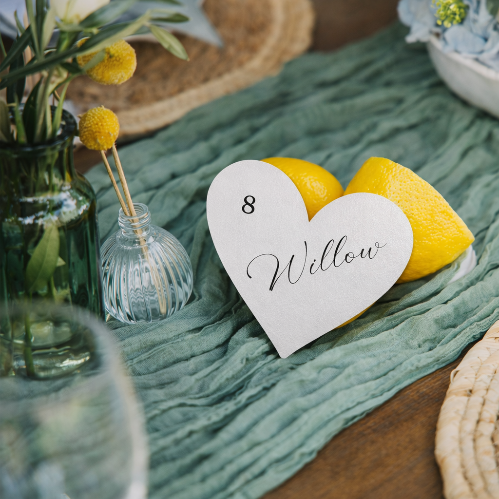 Heart-shaped table card with '8 Willow' on a green tablecloth with lemons and flowers.
