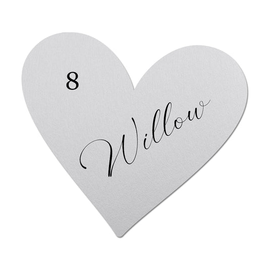Heart-shaped card with 'Willow' and number '8' on a white background