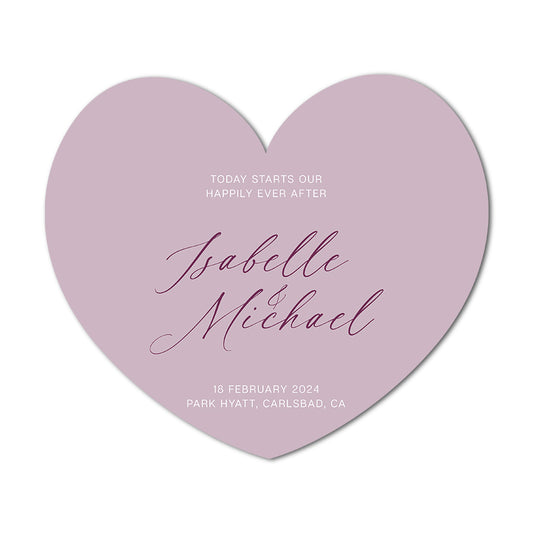 Heart-shaped gift bag tags
 with personalized text on a light purple background