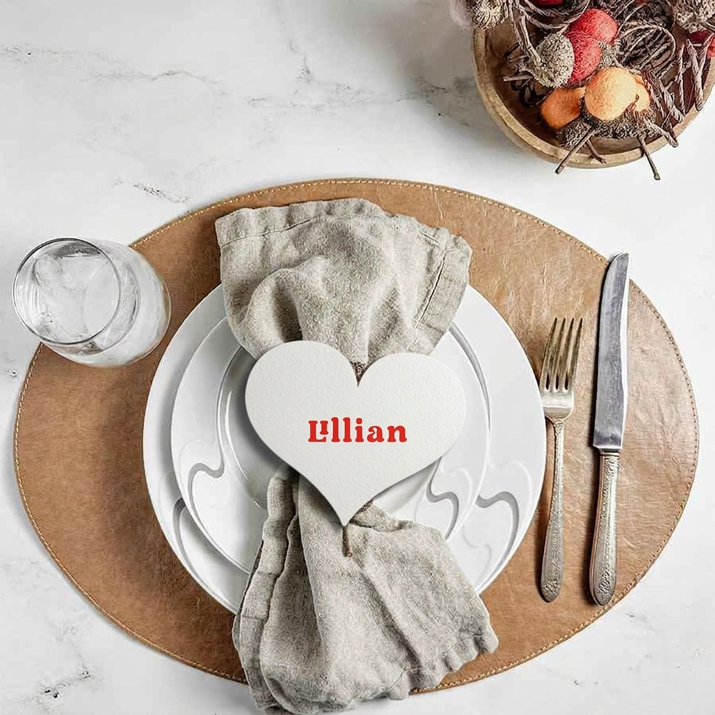 Dining table setting with a heart-shaped name card on a white plate.