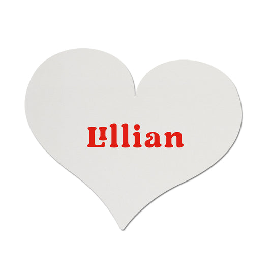 White heart-shaped place card with 'Lillian' written in red on a white background