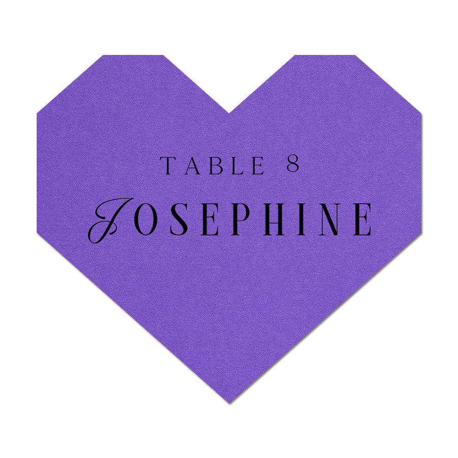 Purple heart-shaped card with 'Table 8 Josephine' text on a white background