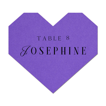 Purple heart-shaped card with 'Table 8 Josephine' text on a white background