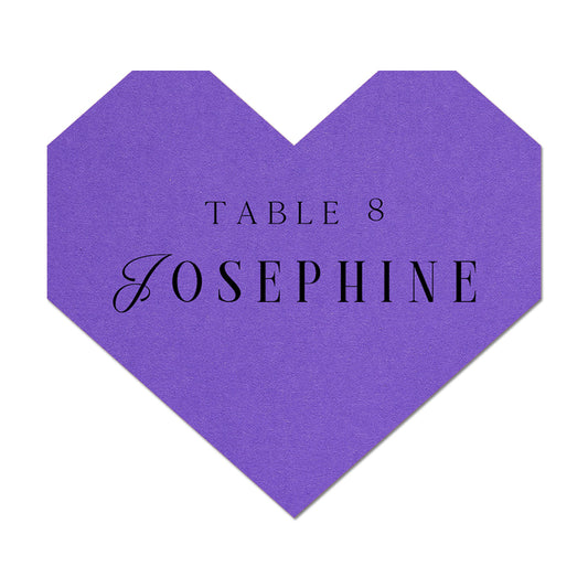 Purple heart-shaped card with 'Table 8 Josephine' text on a white background
