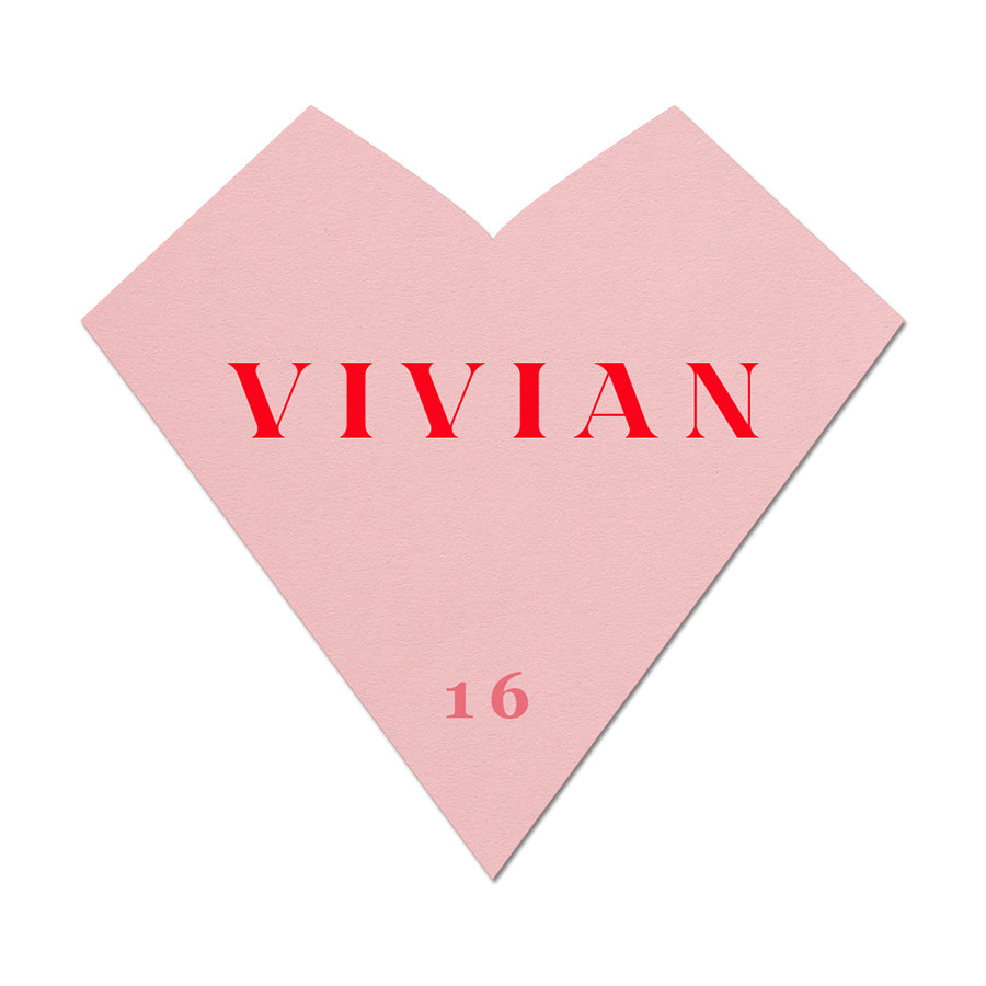 Heart-shaped pink name card with 'VIVIAN' and '16' in red text on a white background