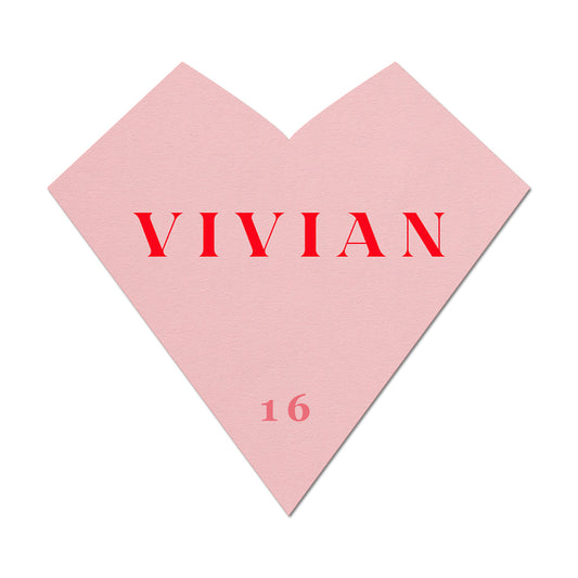 Heart-shaped pink name card with 'VIVIAN' and '16' in red text on a white background