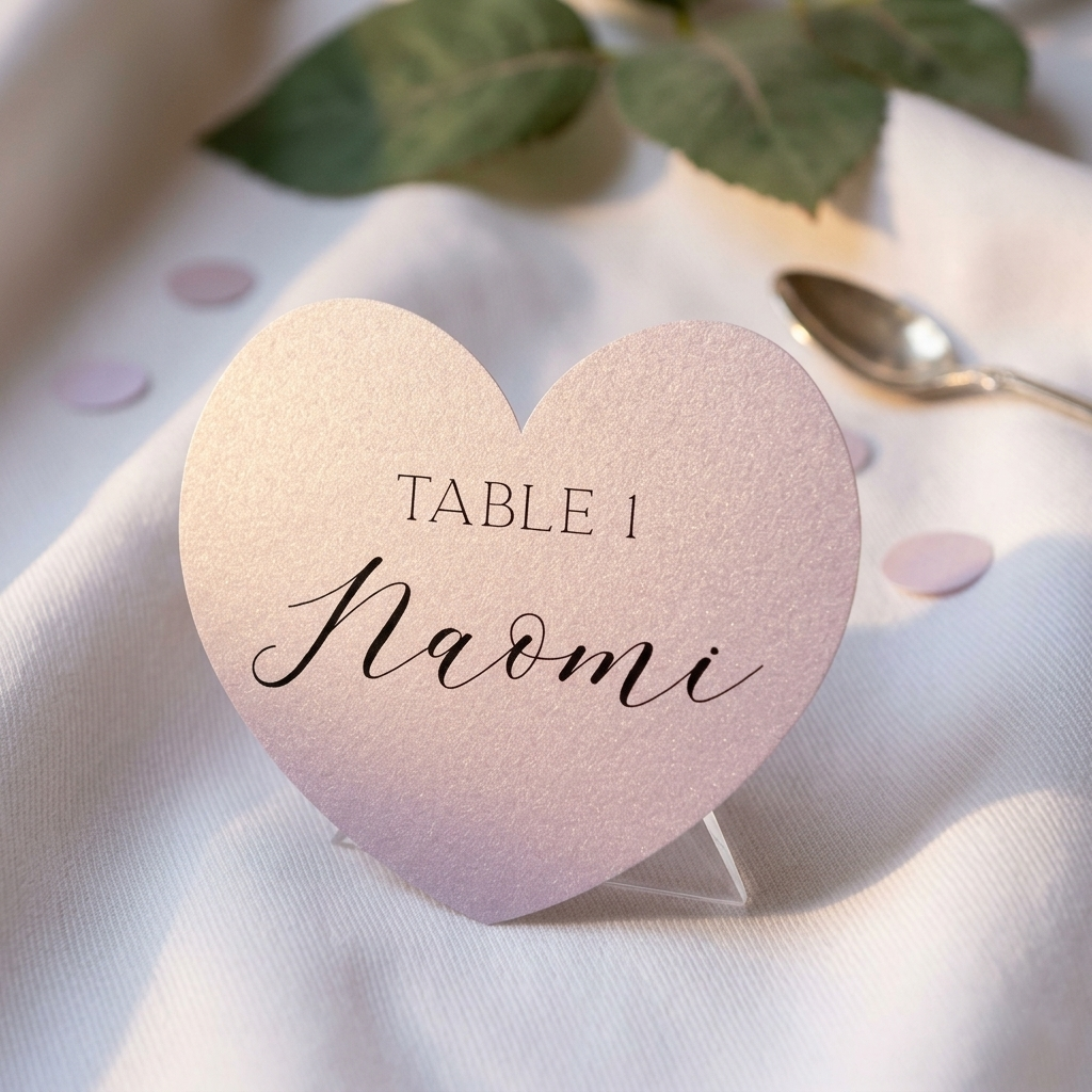Heart-shaped table card with 'TABLE 1 Naomi' on a white surface with green leaves and a spoon.