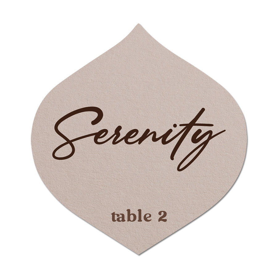 Beige name card with 'Serenity' and 'table 2' printed on it