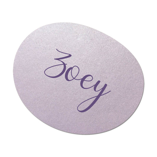 Round lavender pebble shape wedding name card with 'Zoey' in purple cursive text on a white background