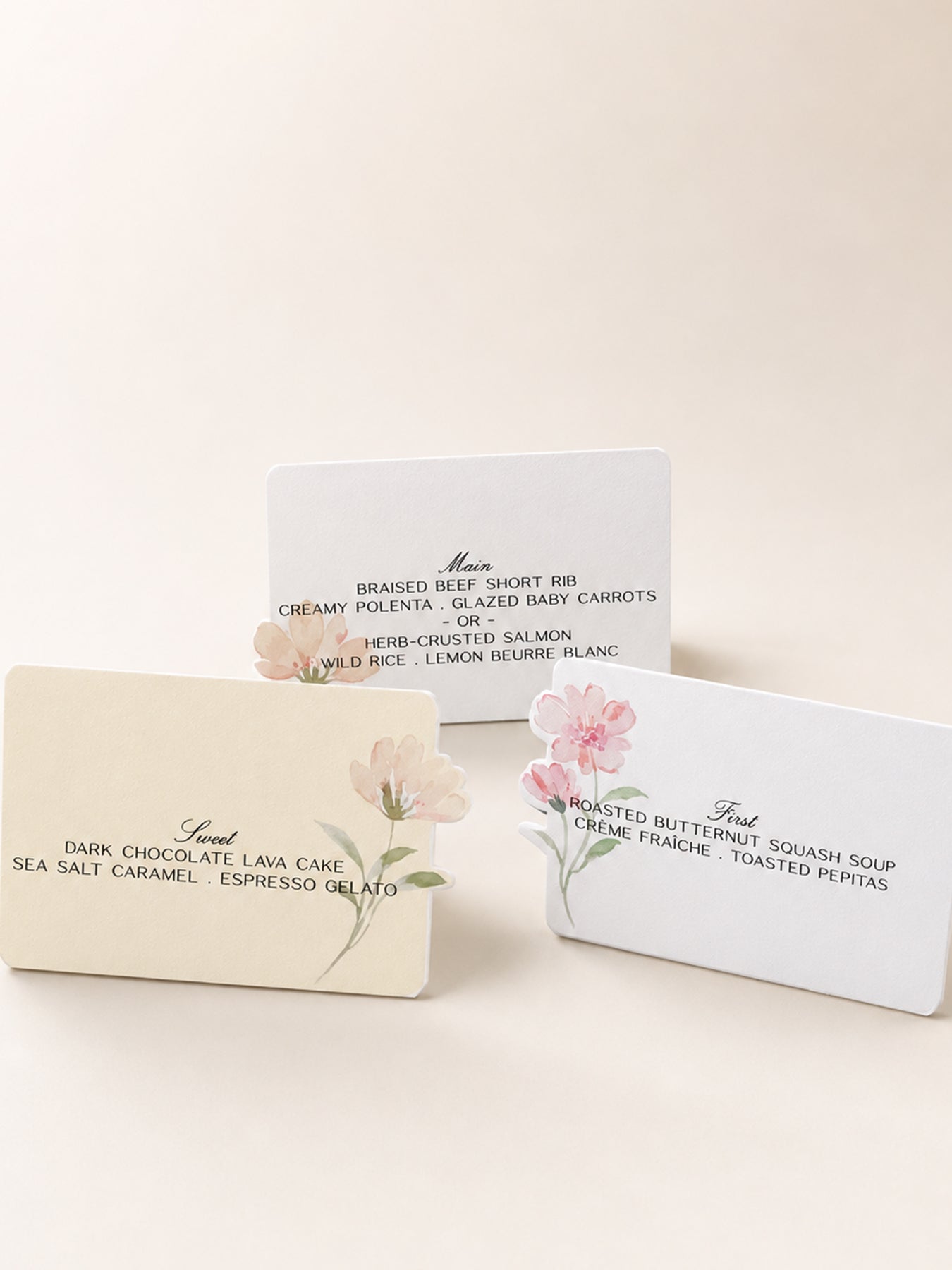 3-Piece Wedding Table Tent Card Template Set | Floral Print & Cut PNG Place Cards & Menu Signs - Denise Collection